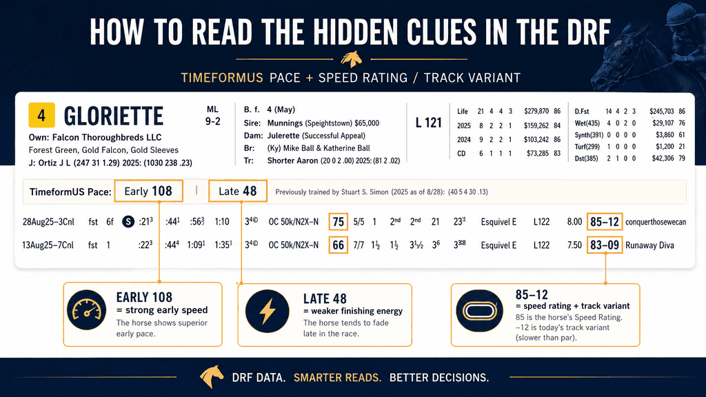 DRF hidden clues: TimeformUS Pace, Speed Rating, and Track Variant